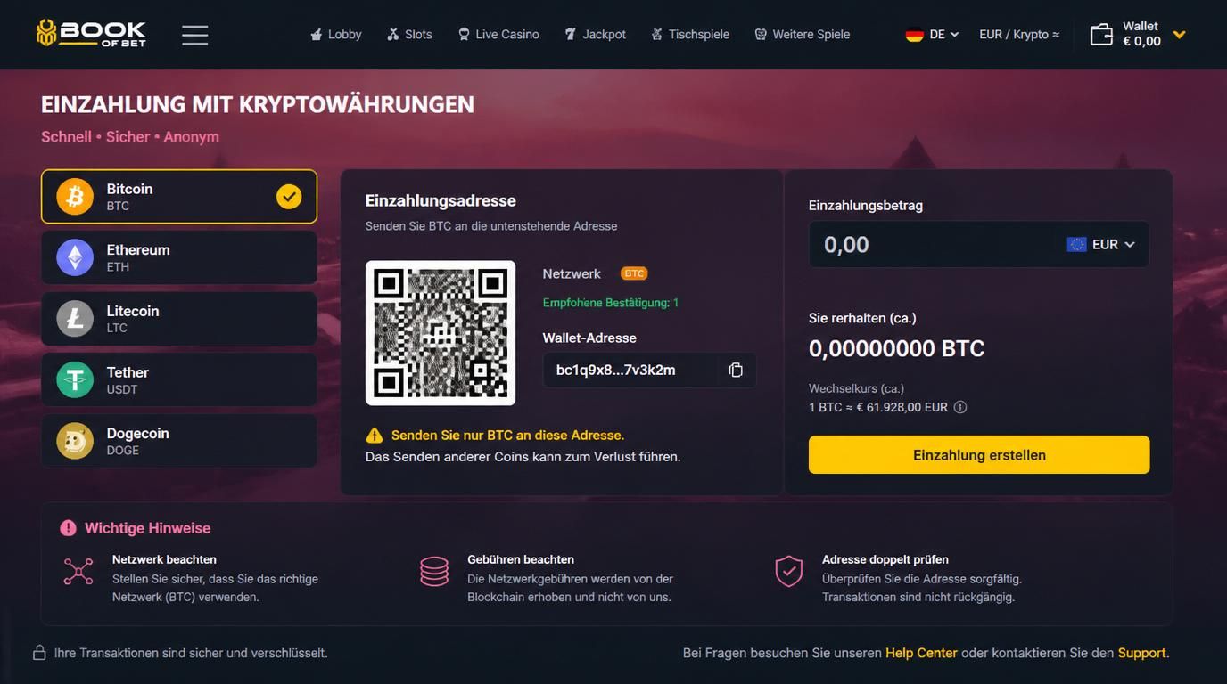 Wallet-Icons von Bitcoin &amp, Co., QR-Code und Sicherheitshinweise bei Krypto-Einzahlung.