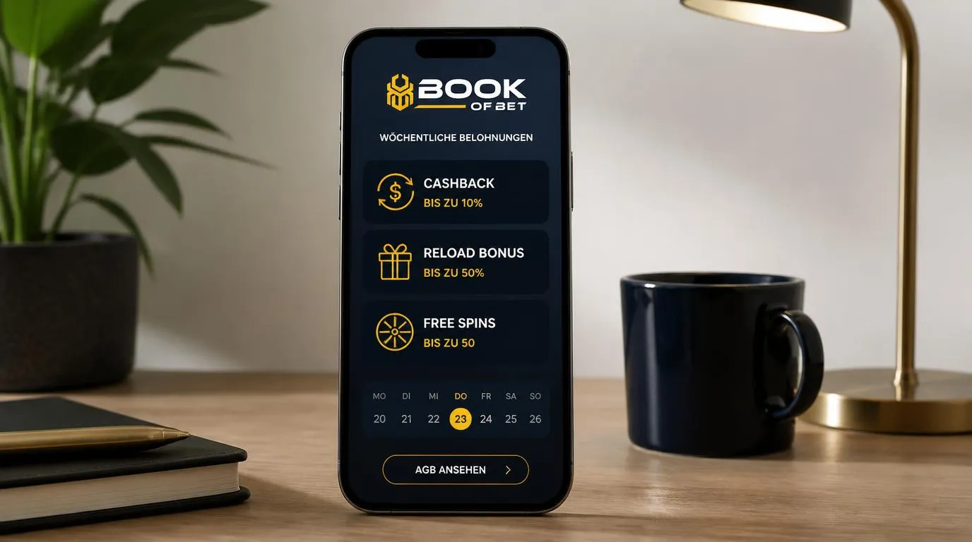 Smartphone mit Wochenübersicht für Cashback, Reload-Bonus und Freispiele