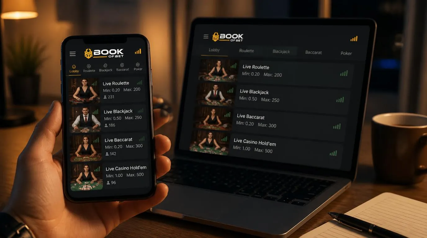 Smartphone mit Live Casino Lobby, sichtbaren Tischlimits und laufendem Videostream