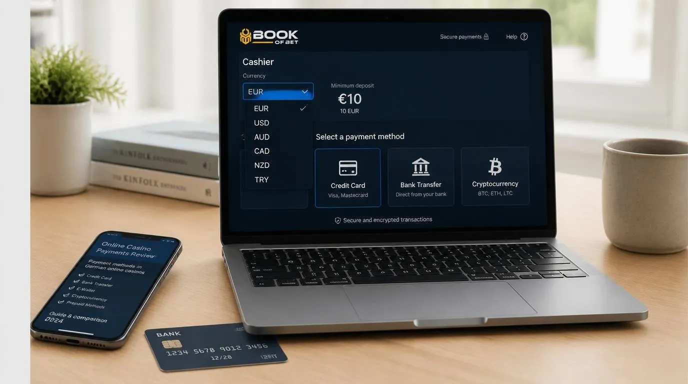 Casino-Kasse mit Euro-Auswahl, Kartenzahlung, Banküberweisung und Kryptowährungen auf einem Laptop