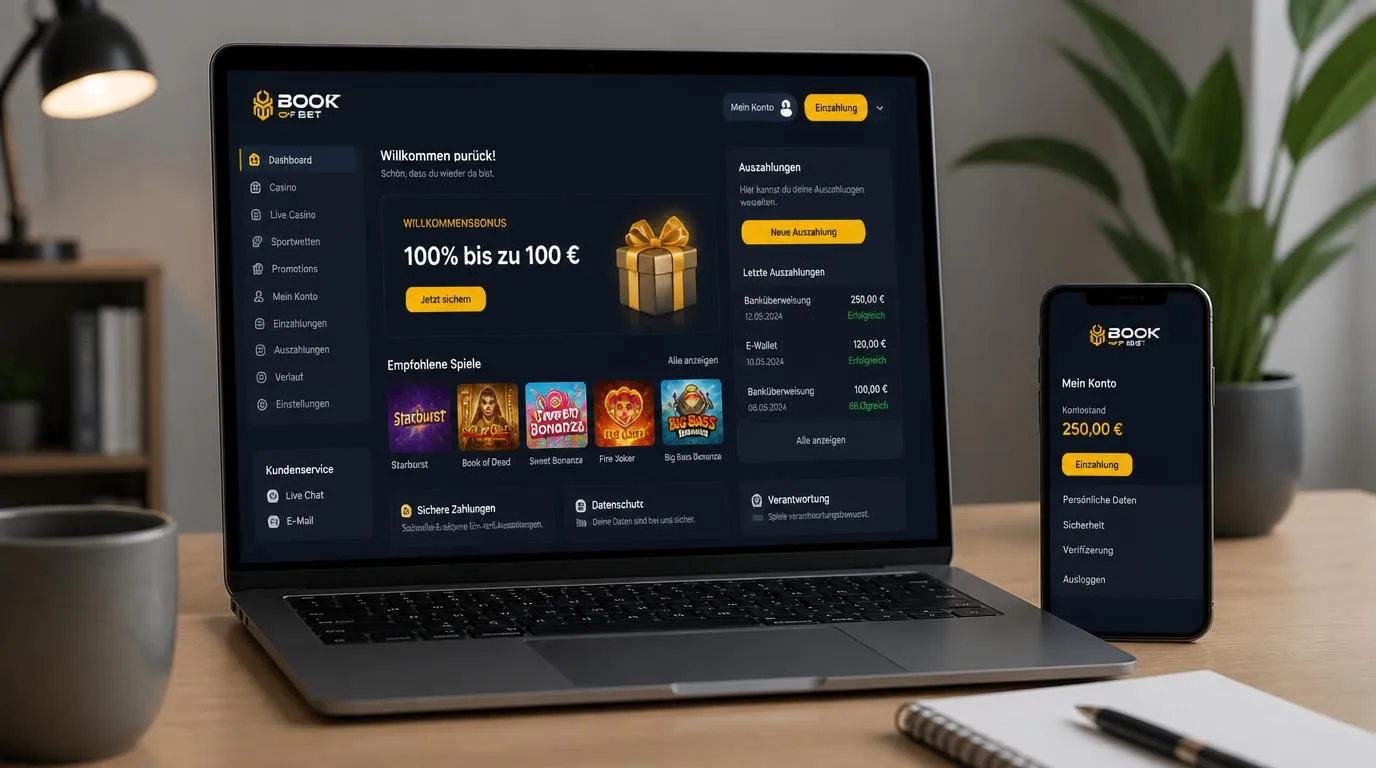 Casino-Oberfläche auf einem Laptop mit Willkommensbonus und Bereich für Auszahlungen